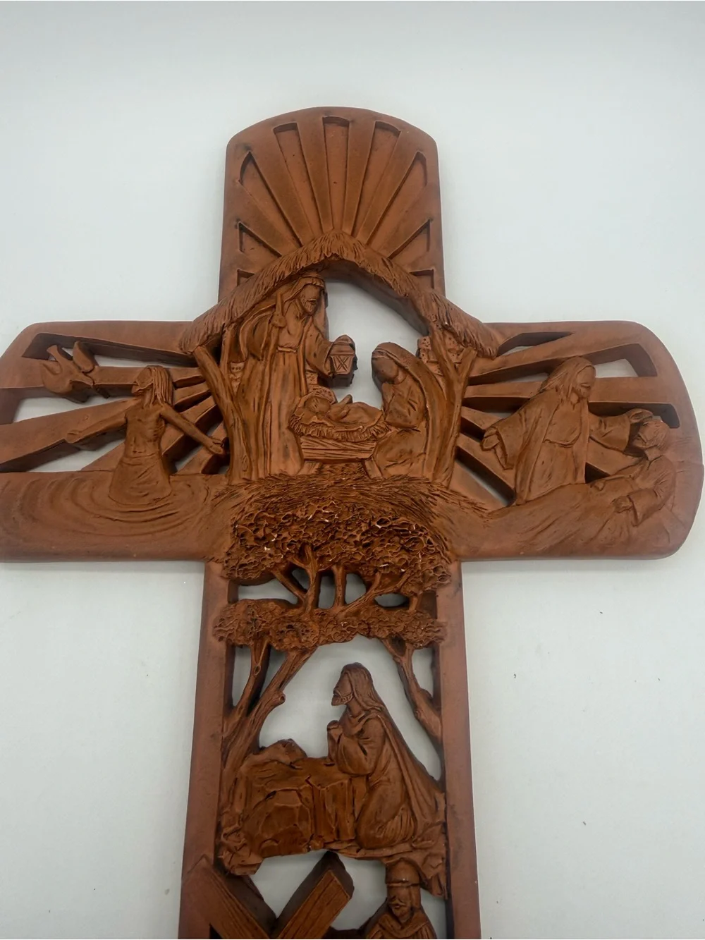 Dicksons Carved Details Woodgrain Resin Cross Life Story of Christ 12”x7” Wall